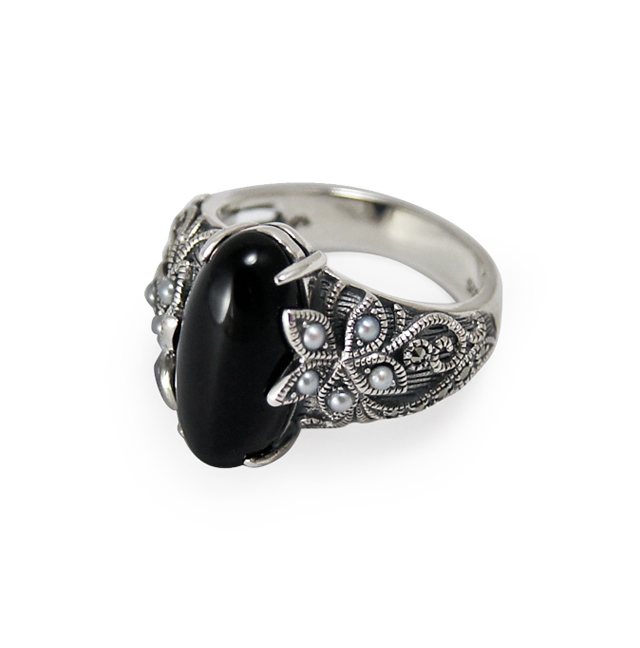 黑瑪瑙花形戒指OP1627