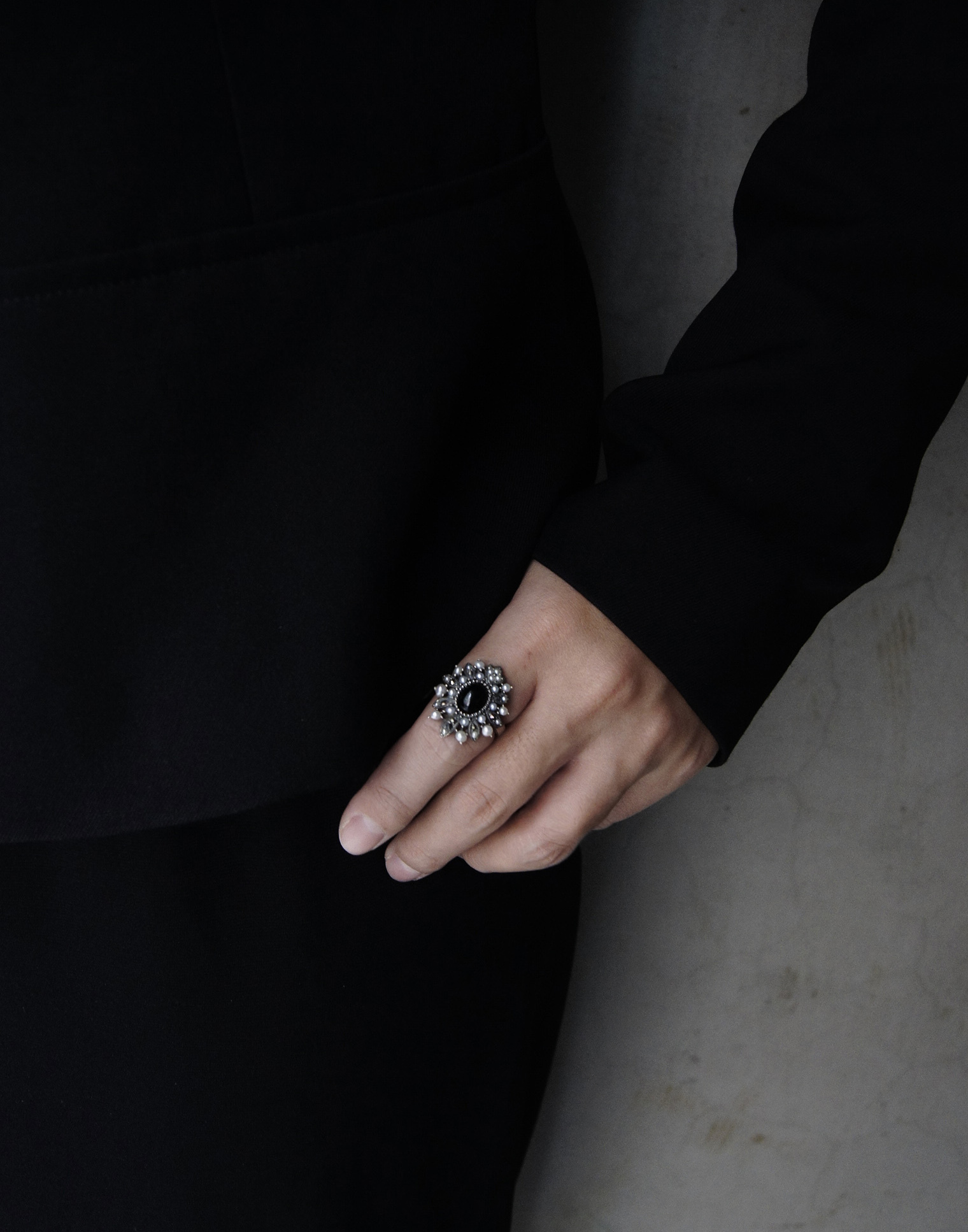 黑瑪瑙滾珠小米珠戒指