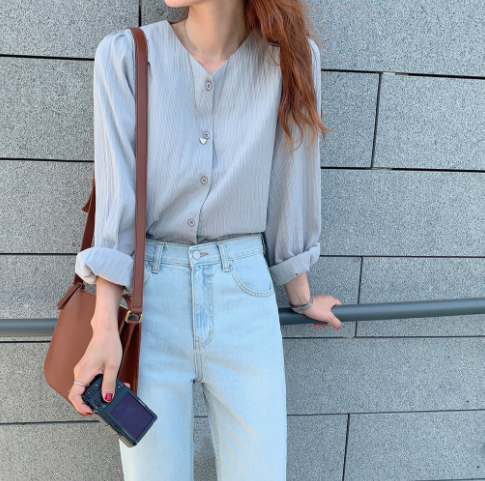 <現貨> LYS 秋裝長袖襯衫純色寬鬆上衣韓版襯衫
