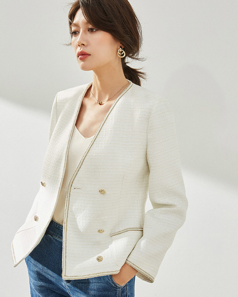 白S【零碼出清不退換】小香風金絲交叉襟粗呢外套