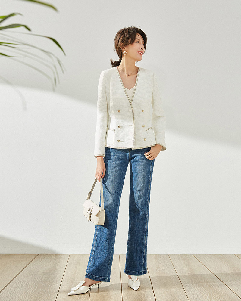 白S【零碼出清不退換】小香風金絲交叉襟粗呢外套