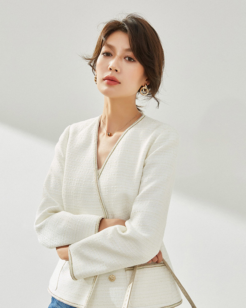 DEER.W 小香風金絲交叉襟粗呢外套 白色