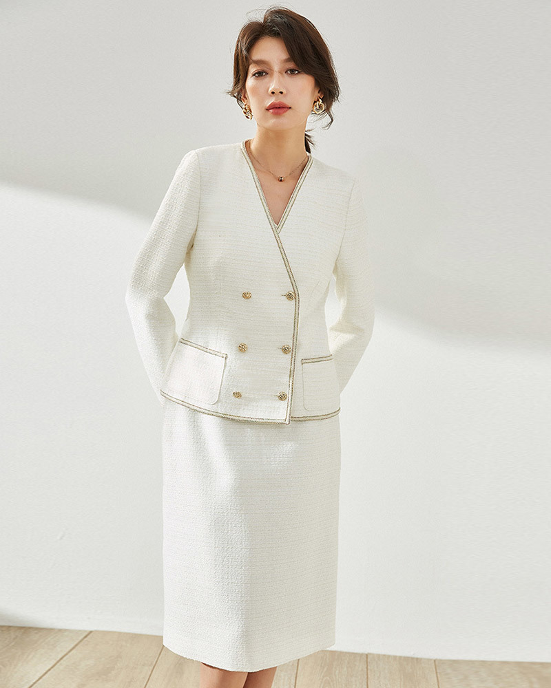 DEER.W 小香風金絲交叉襟粗呢外套 白色