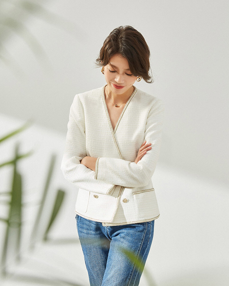 DEER.W 小香風金絲交叉襟粗呢外套 白色