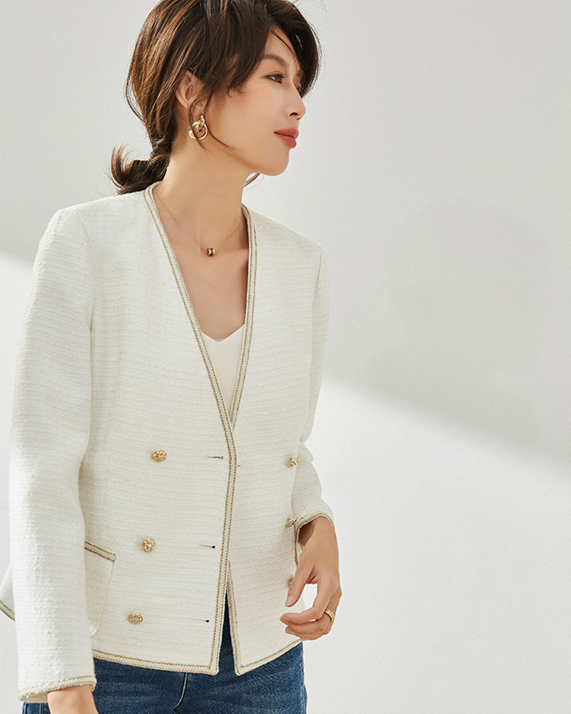 DEER.W 小香風金絲交叉襟粗呢外套 白色