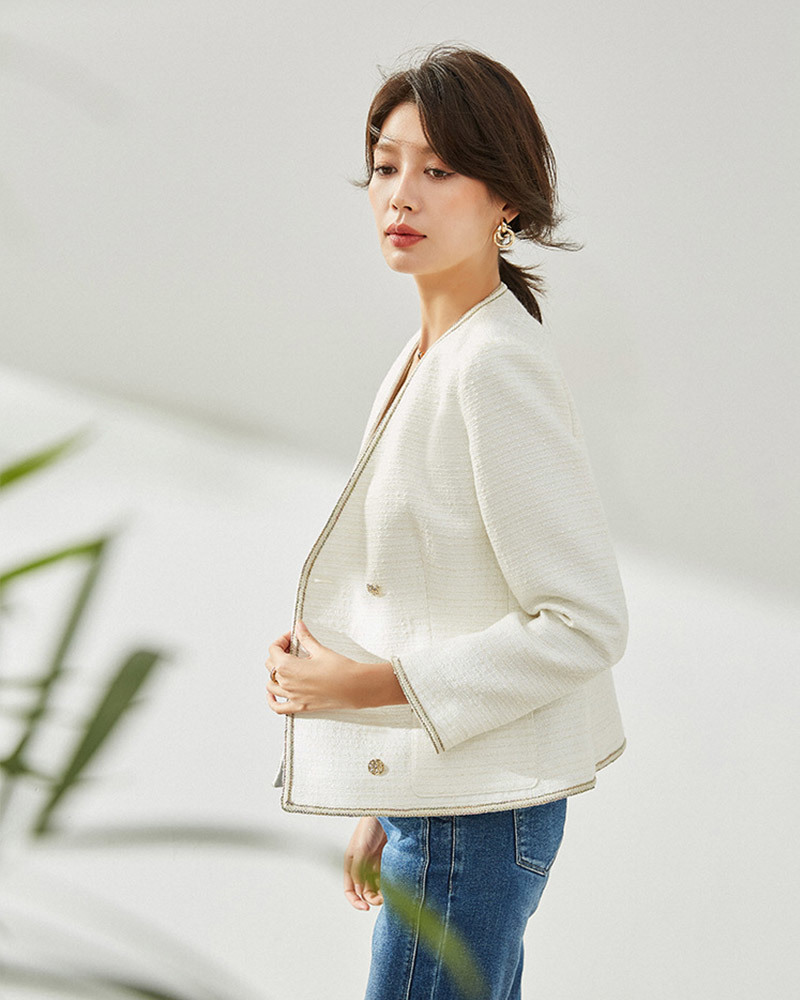 DEER.W 小香風金絲交叉襟粗呢外套 白色