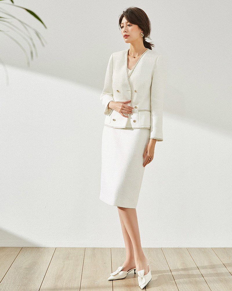 DEER.W 小香風金絲交叉襟粗呢外套 白色