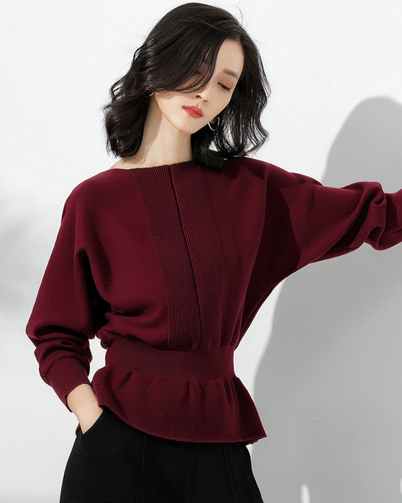 紅M【零碼出清不退換】一字領羅紋收腰針織上衣