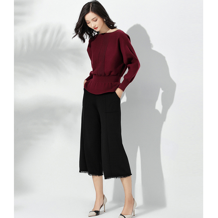 DEER.W 一字領羅紋收腰針織上衣 酒紅