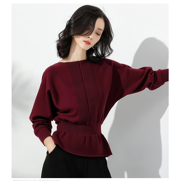 DEER.W 一字領羅紋收腰針織上衣 酒紅