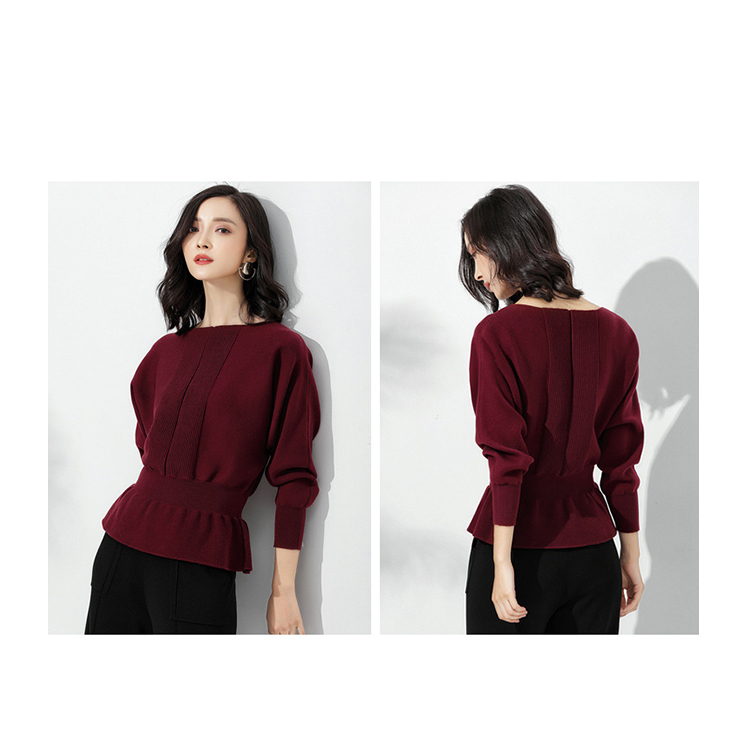 DEER.W 一字領羅紋收腰針織上衣 酒紅
