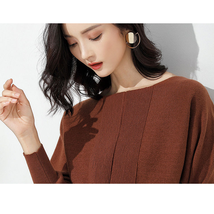 DEER.W 一字領羅紋收腰針織上衣 棕色