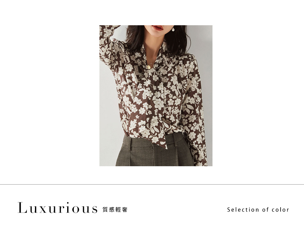 DEER.W 領結綁帶肩褶印花上衣 咖啡