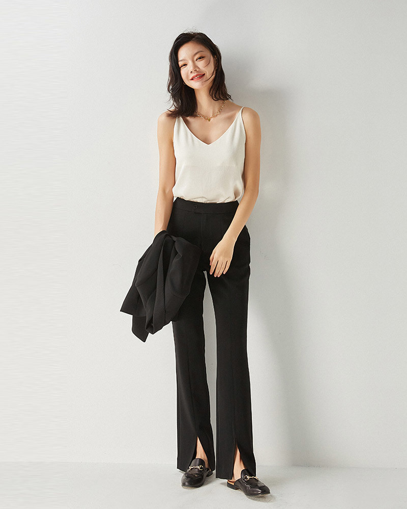 DEER.W 高腰單釦前開衩西裝褲 黑色