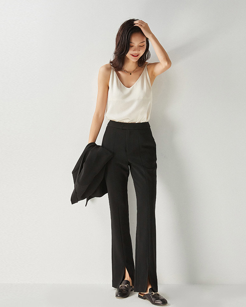 DEER.W 高腰單釦前開衩西裝褲 黑色