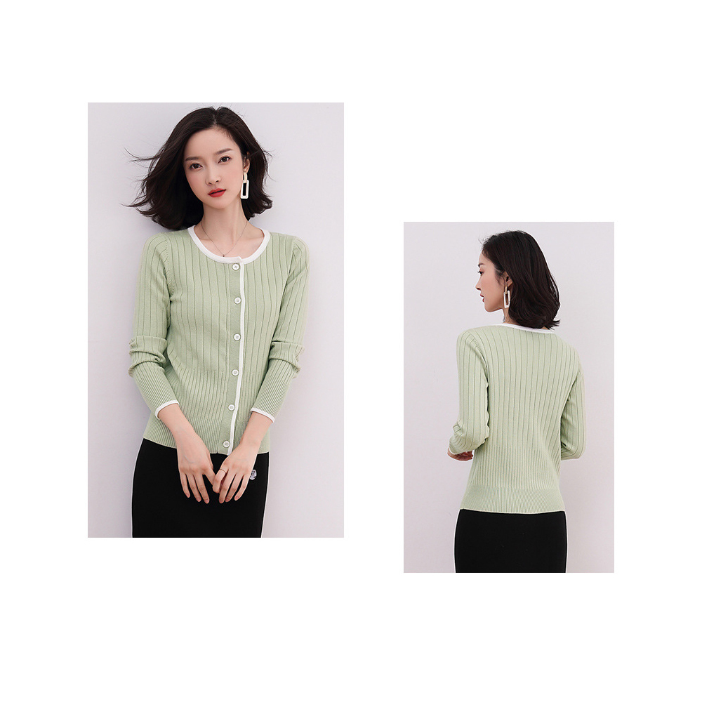 DEER.W 滾邊圓領坑條針織外套 綠色