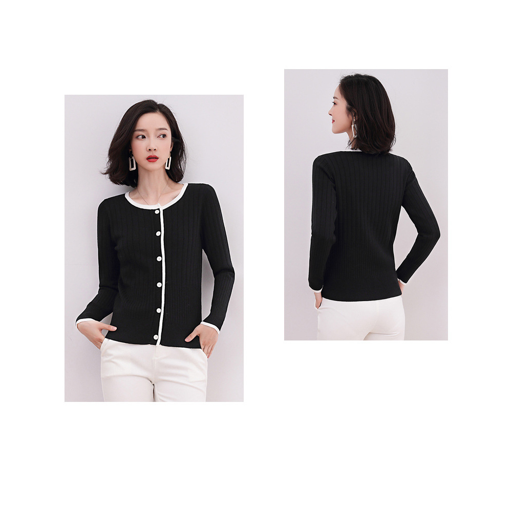 DEER.W 滾邊圓領坑條針織外套 黑色