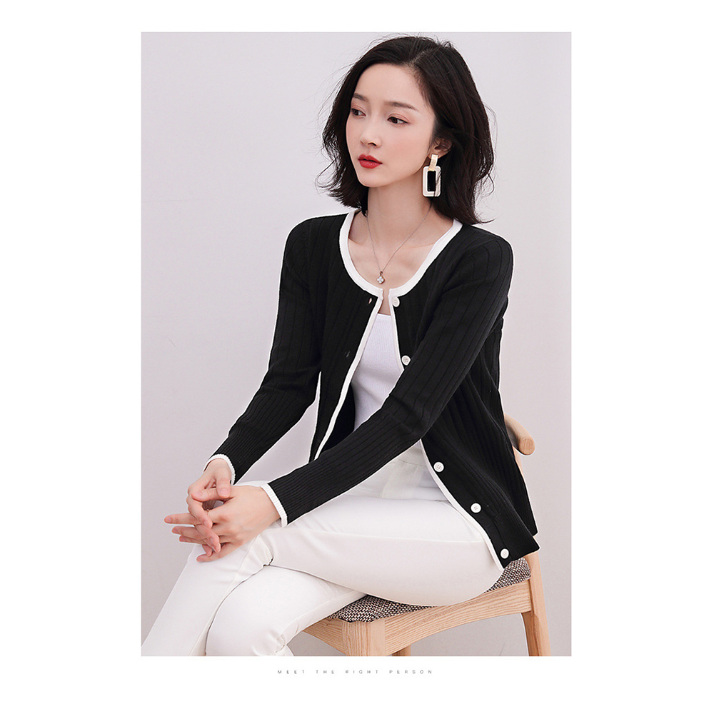 DEER.W 滾邊圓領坑條針織外套 黑色