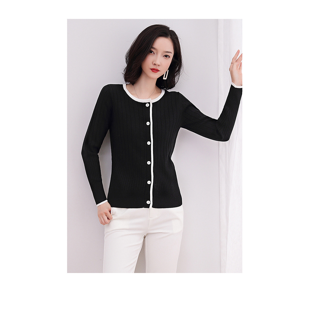 DEER.W 滾邊圓領坑條針織外套 黑色