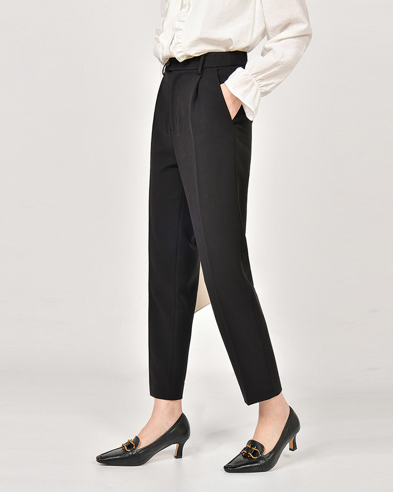 黑S/咖啡L【零碼出清不退換】高腰壓褶九分西裝褲