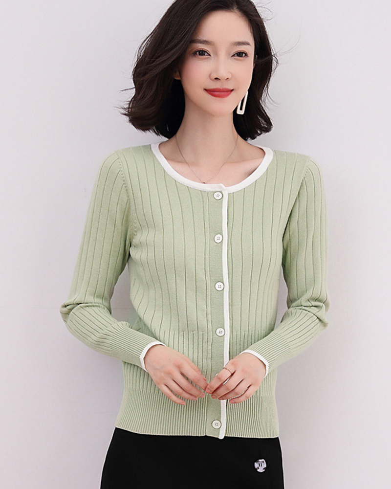 綠M【零碼出清不退換】滾邊圓領坑條針織外套