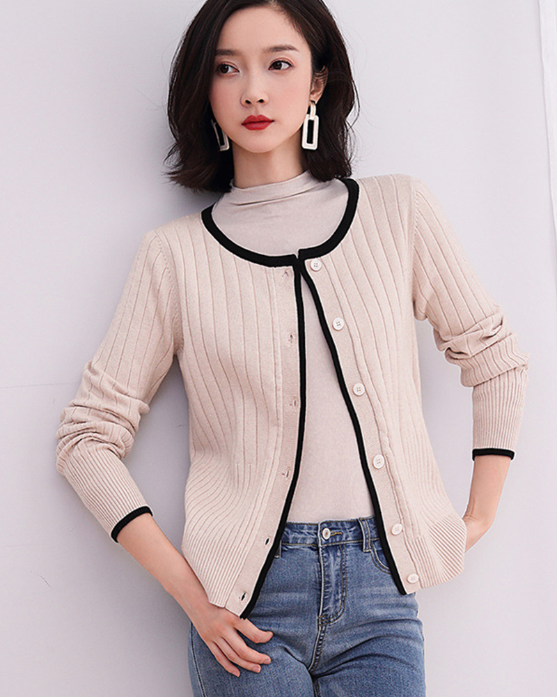 綠M【零碼出清不退換】滾邊圓領坑條針織外套