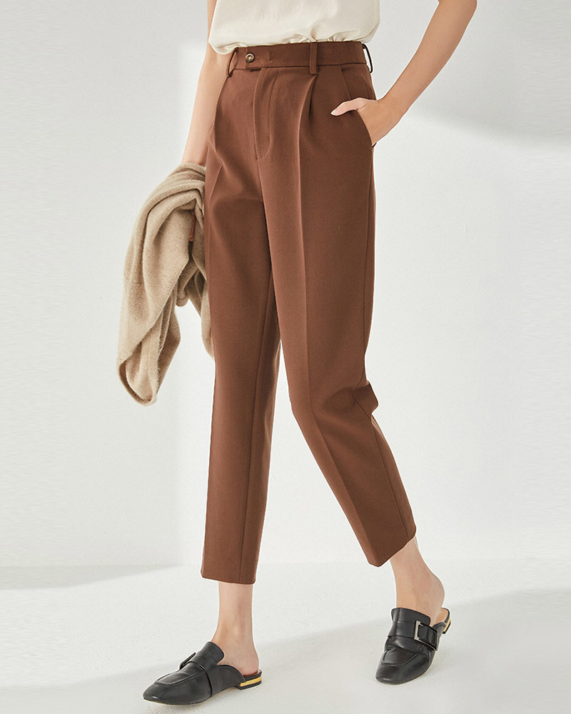 DEER.W 高腰壓褶九分西裝褲 咖啡