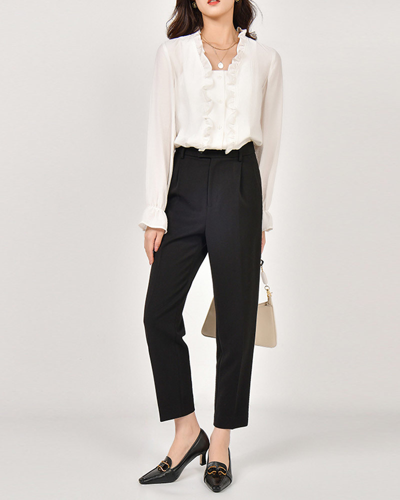 DEER.W 高腰壓褶九分西裝褲 黑色