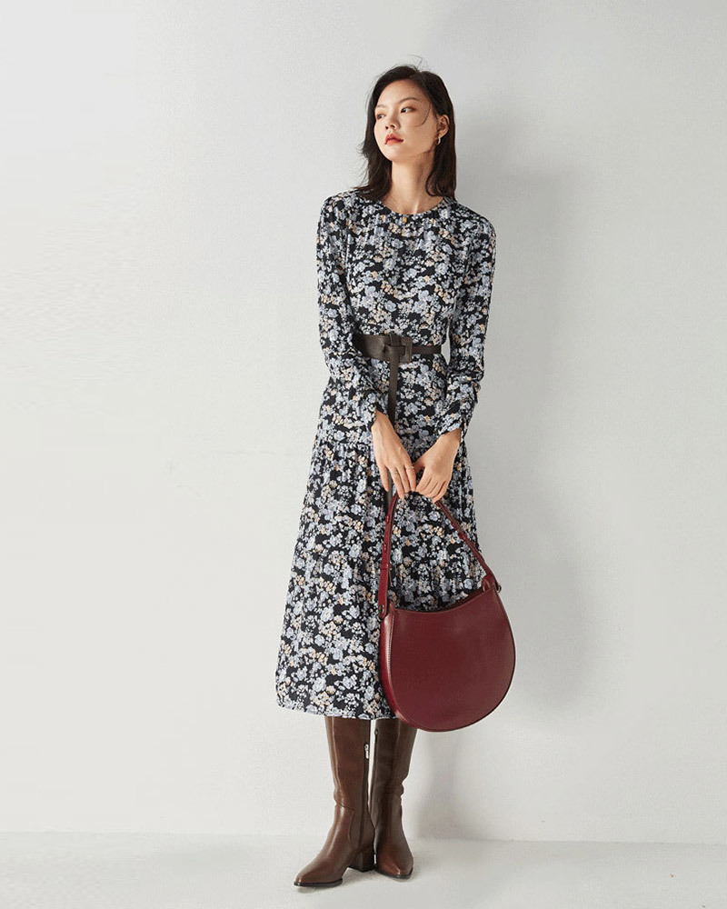 DEER.W 法式碎花層次裙襬洋裝 藍色