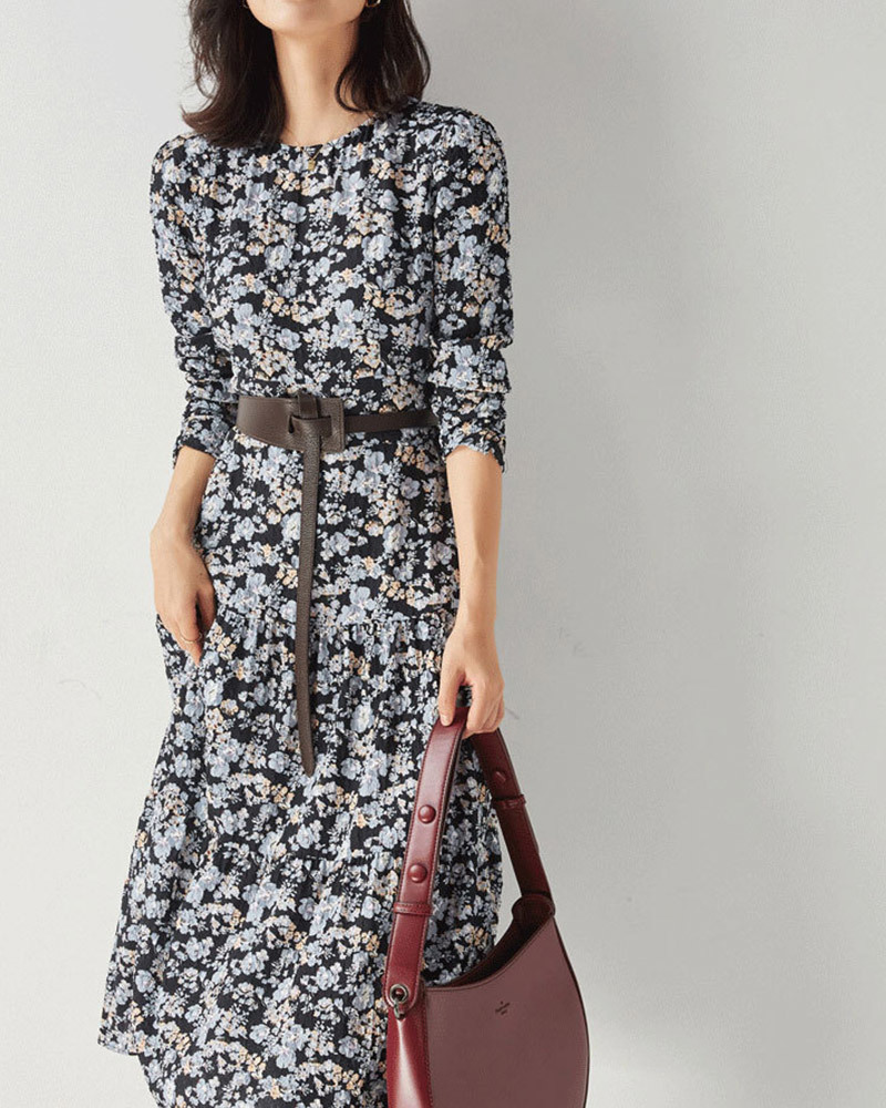 DEER.W 法式碎花層次裙襬洋裝 藍色