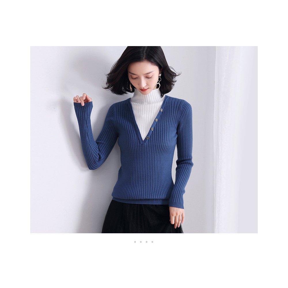 DEER.W 半高領假兩件坑條針織上衣 藍色