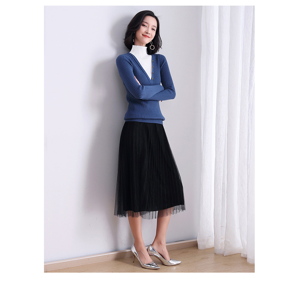 DEER.W 半高領假兩件坑條針織上衣 藍色