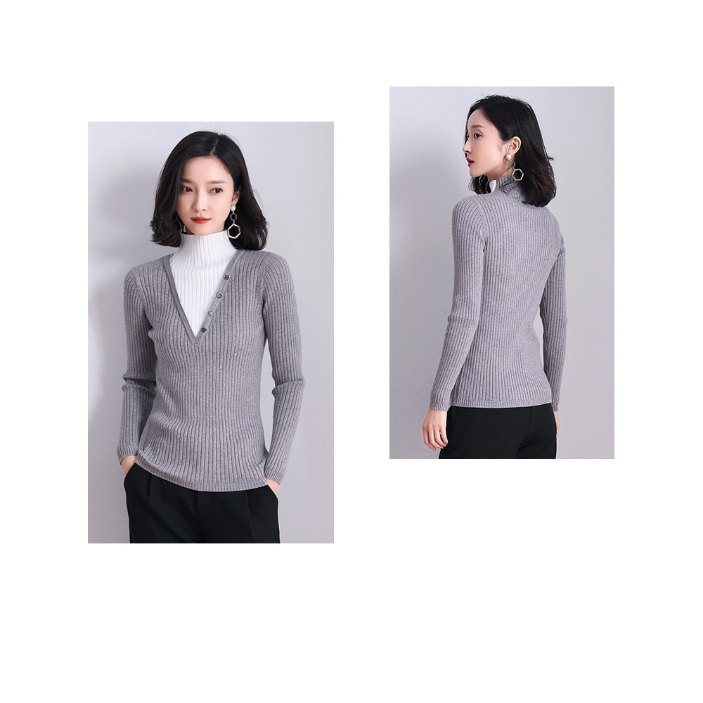 DEER.W 半高領假兩件坑條針織上衣 灰色