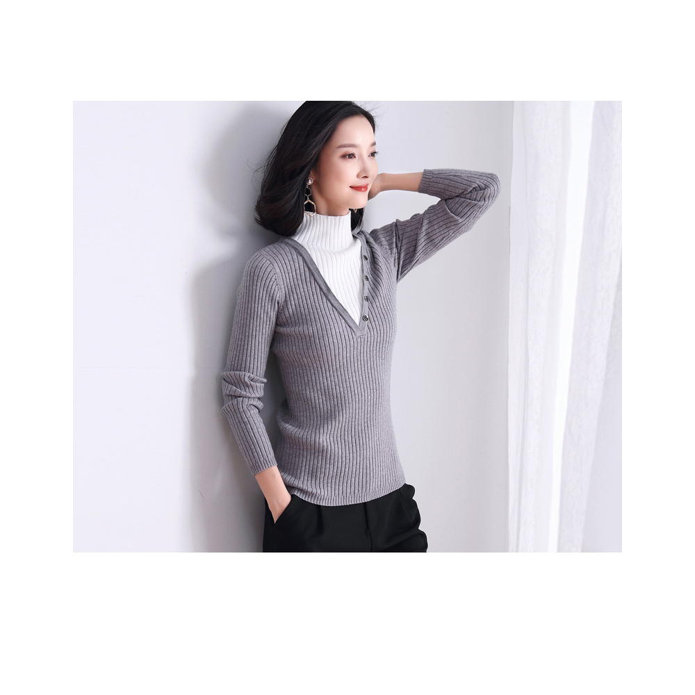 DEER.W 半高領假兩件坑條針織上衣 灰色