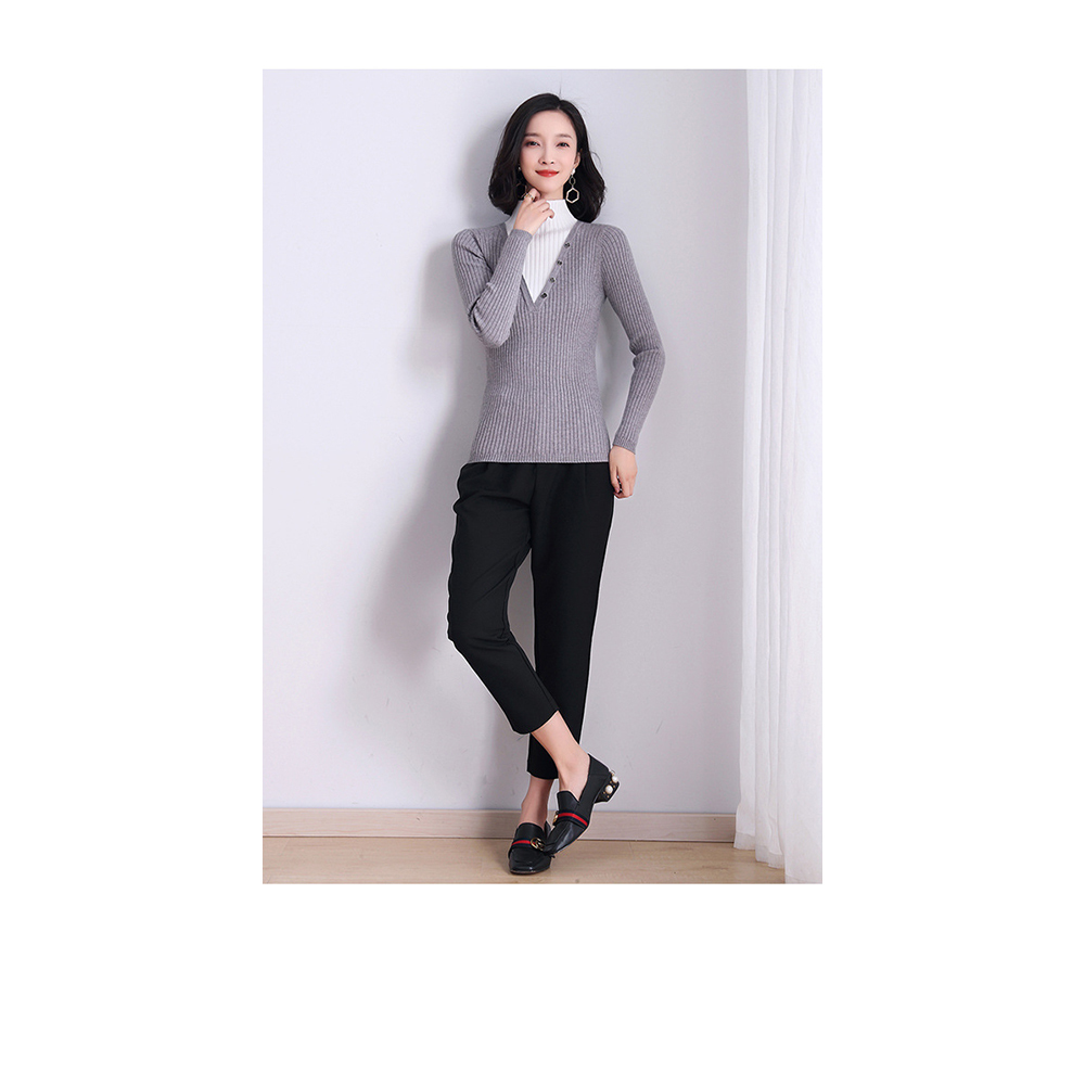 DEER.W 半高領假兩件坑條針織上衣 灰色