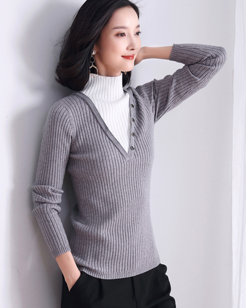 灰S【零碼出清不退換】半高領假兩件坑條針織上衣