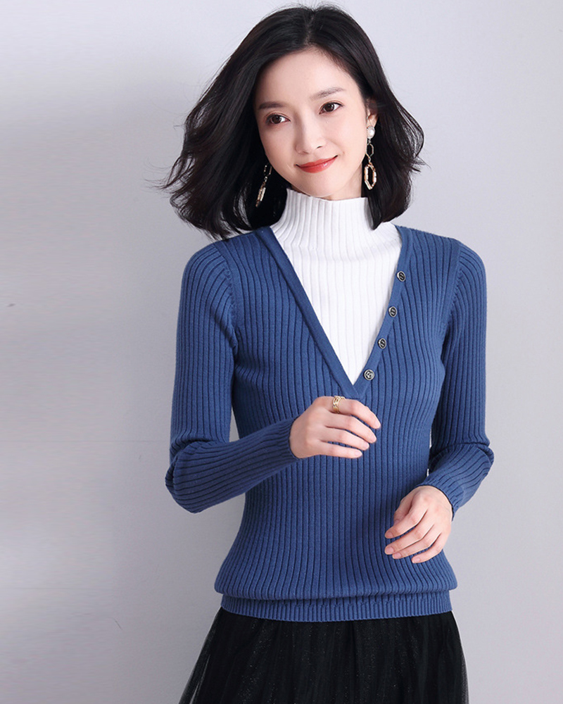 灰S【零碼出清不退換】半高領假兩件坑條針織上衣