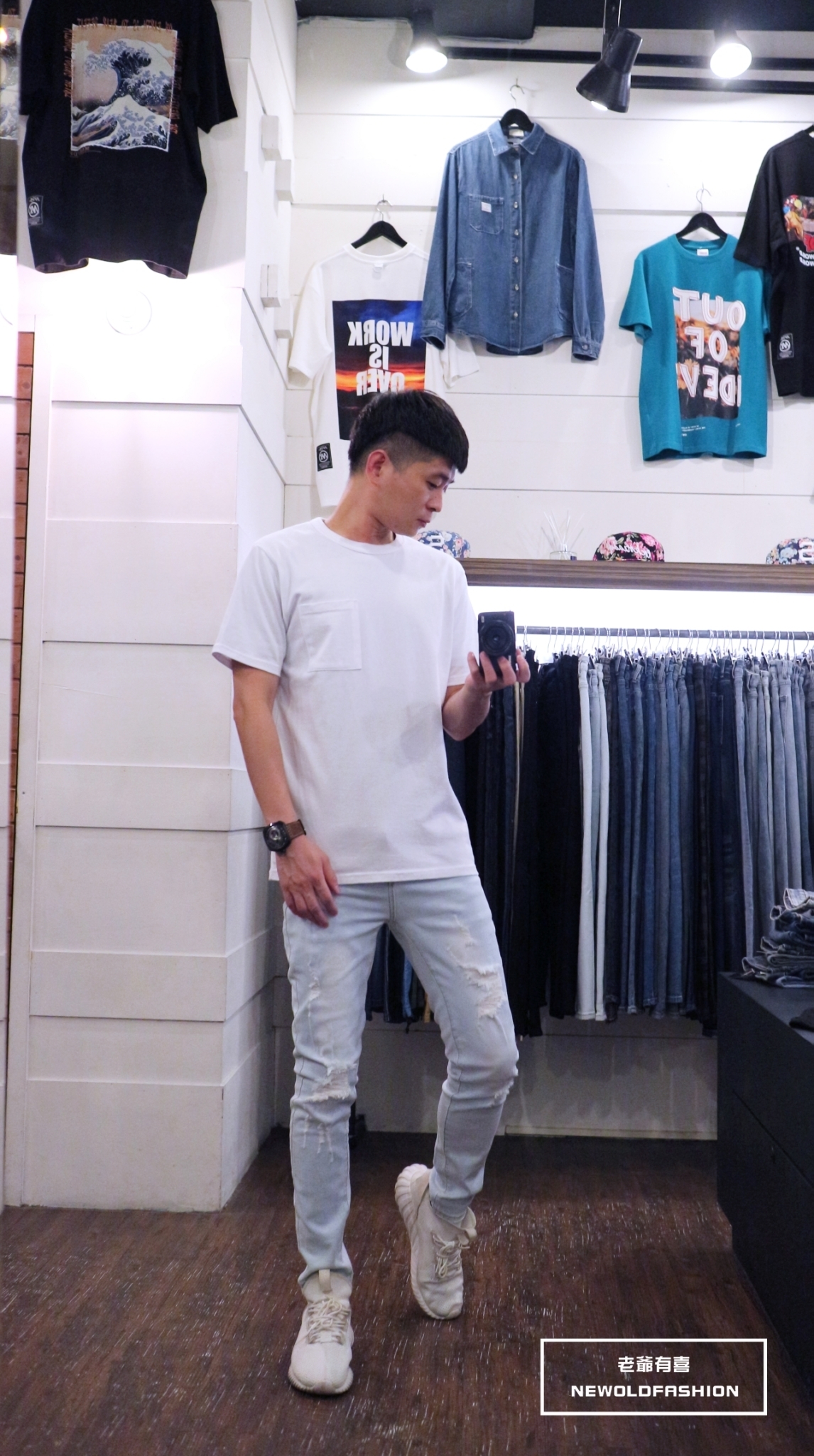 重磅極淺刷白膝破壞貓鬚牛仔小直筒褲