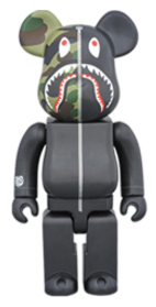 BAPE 1ST SHARK BE@RBRICK 1000% NVY 半臉迷彩 鯊魚外套 深藍/黑
