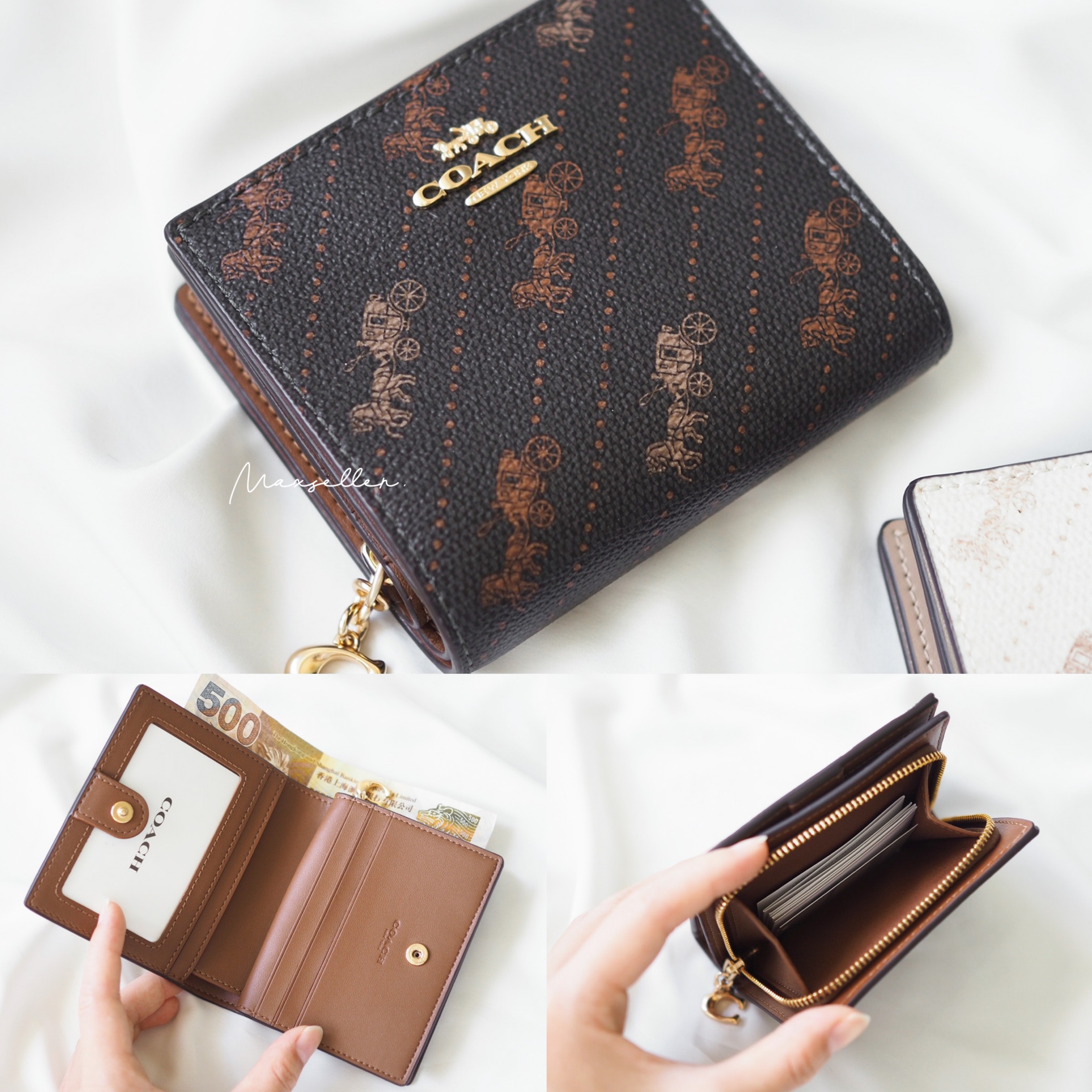 現貨｜COACH 馬車圖案簡約短款銀包 金屬logo吊飾｜Snap Wallet With Horse And Carriage Dot Print