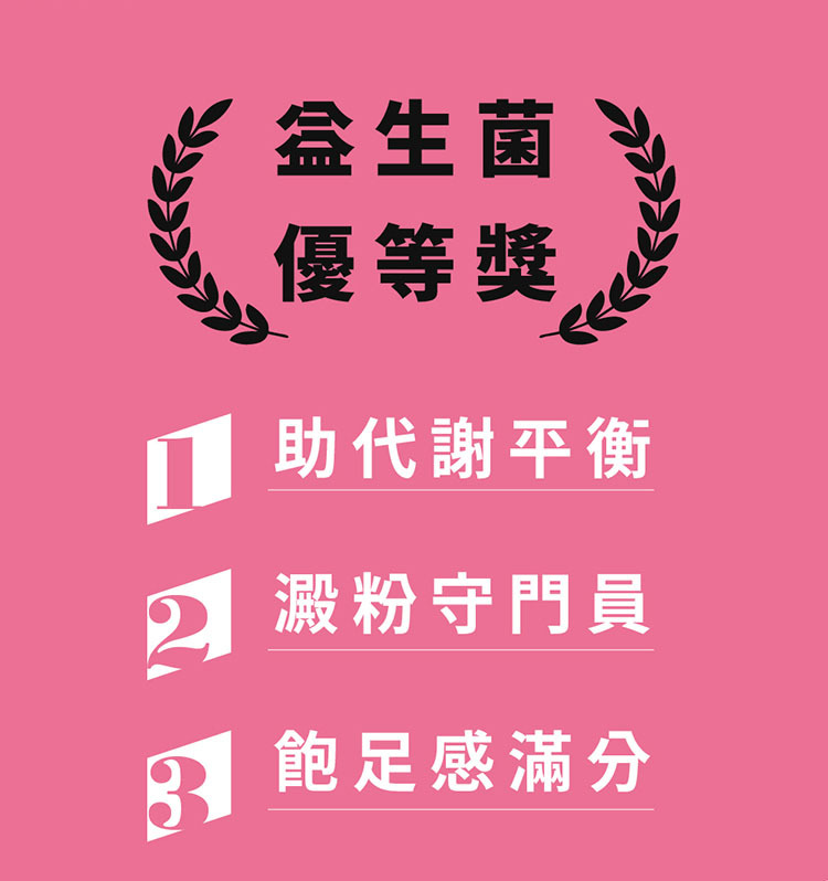 益生菌優等獎：1. 幫助代謝平衡 2. 澱粉守門員 3. 飽足感滿分。