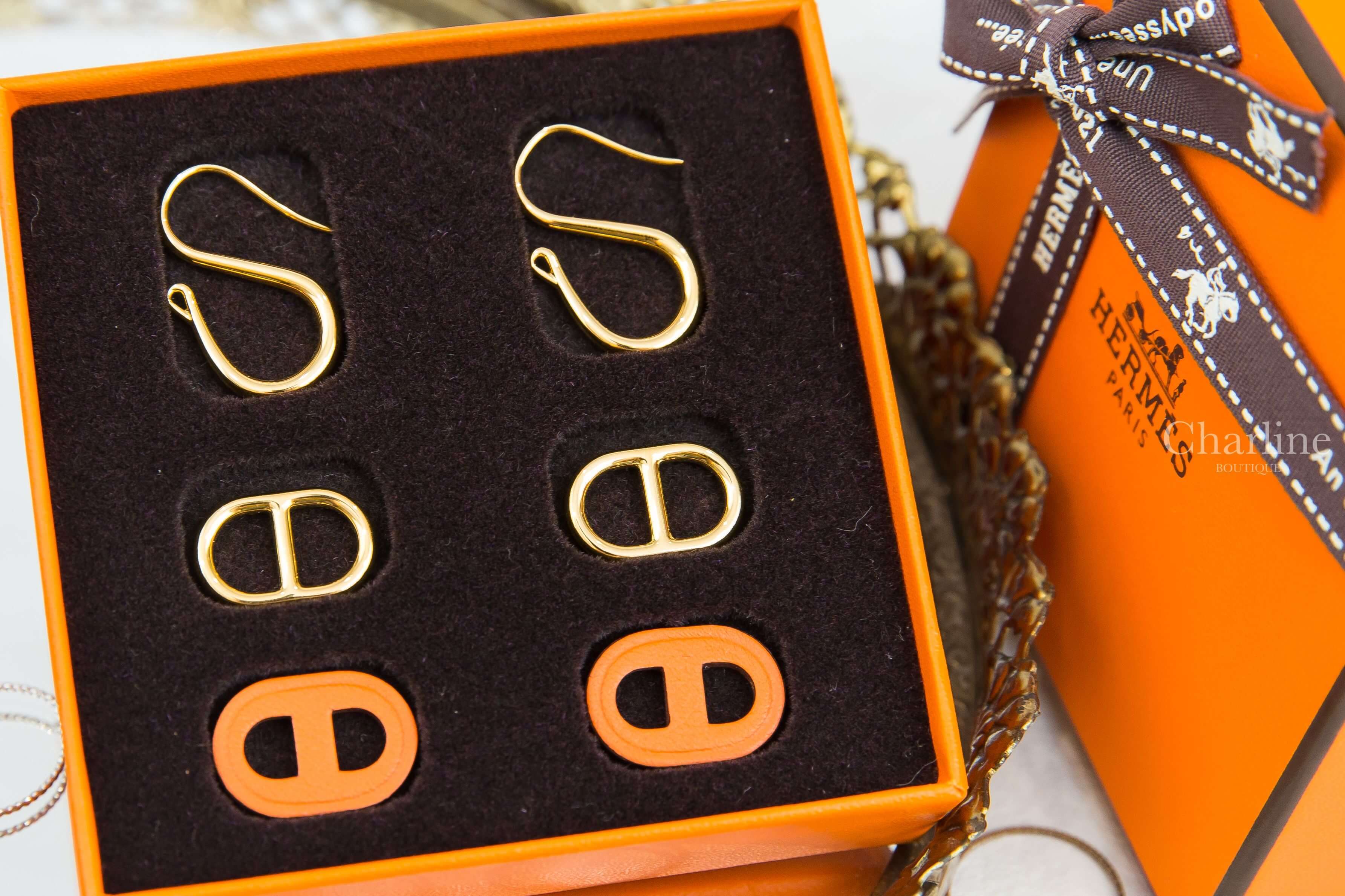 Hermès O'Maillon Earrings 橘色小牛皮金飾θ三件組垂墜耳環