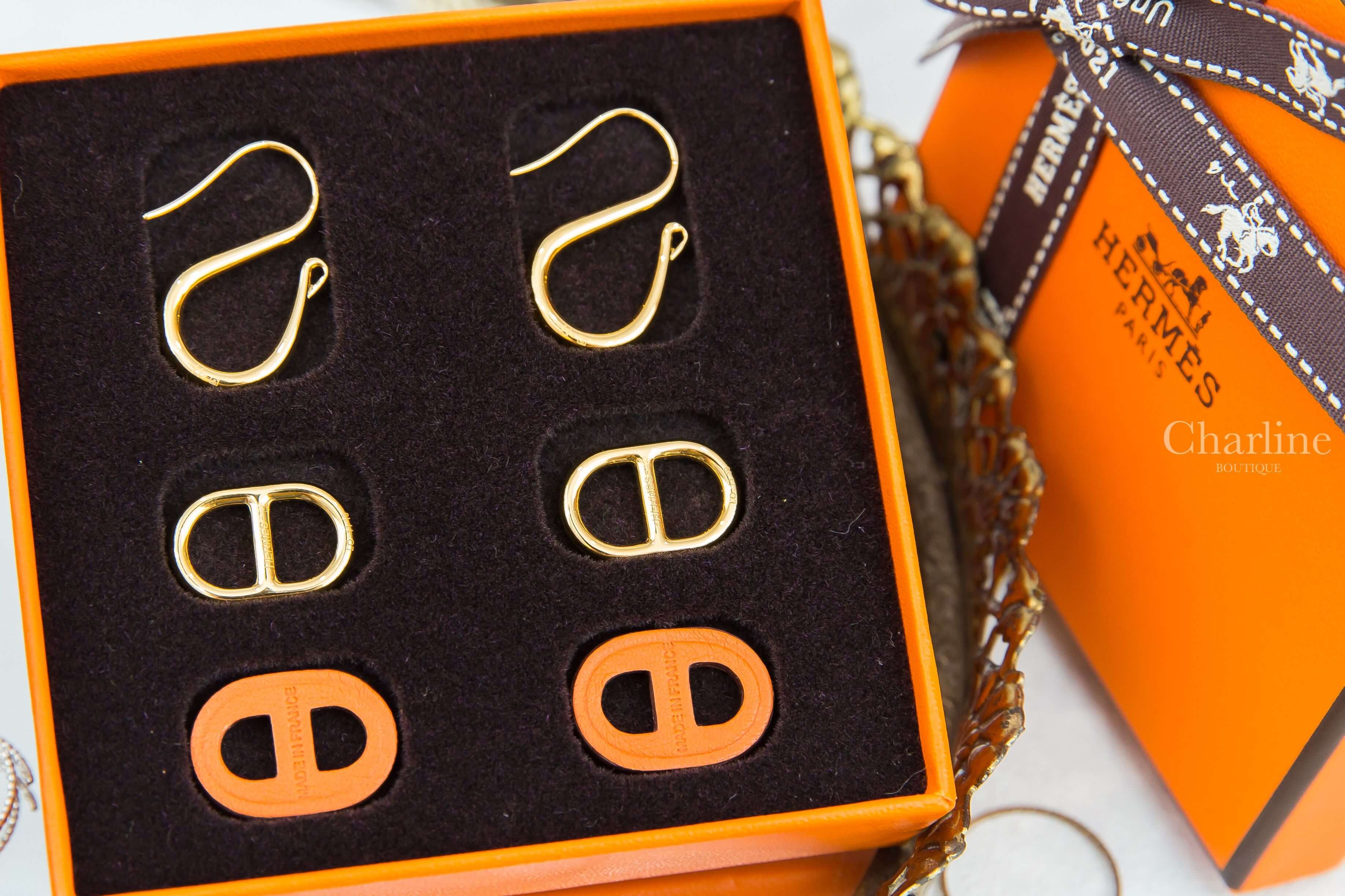 Hermès O'Maillon Earrings 橘色牛皮金飾θ三件組垂墜耳環-Charline Boutique 精品代購
