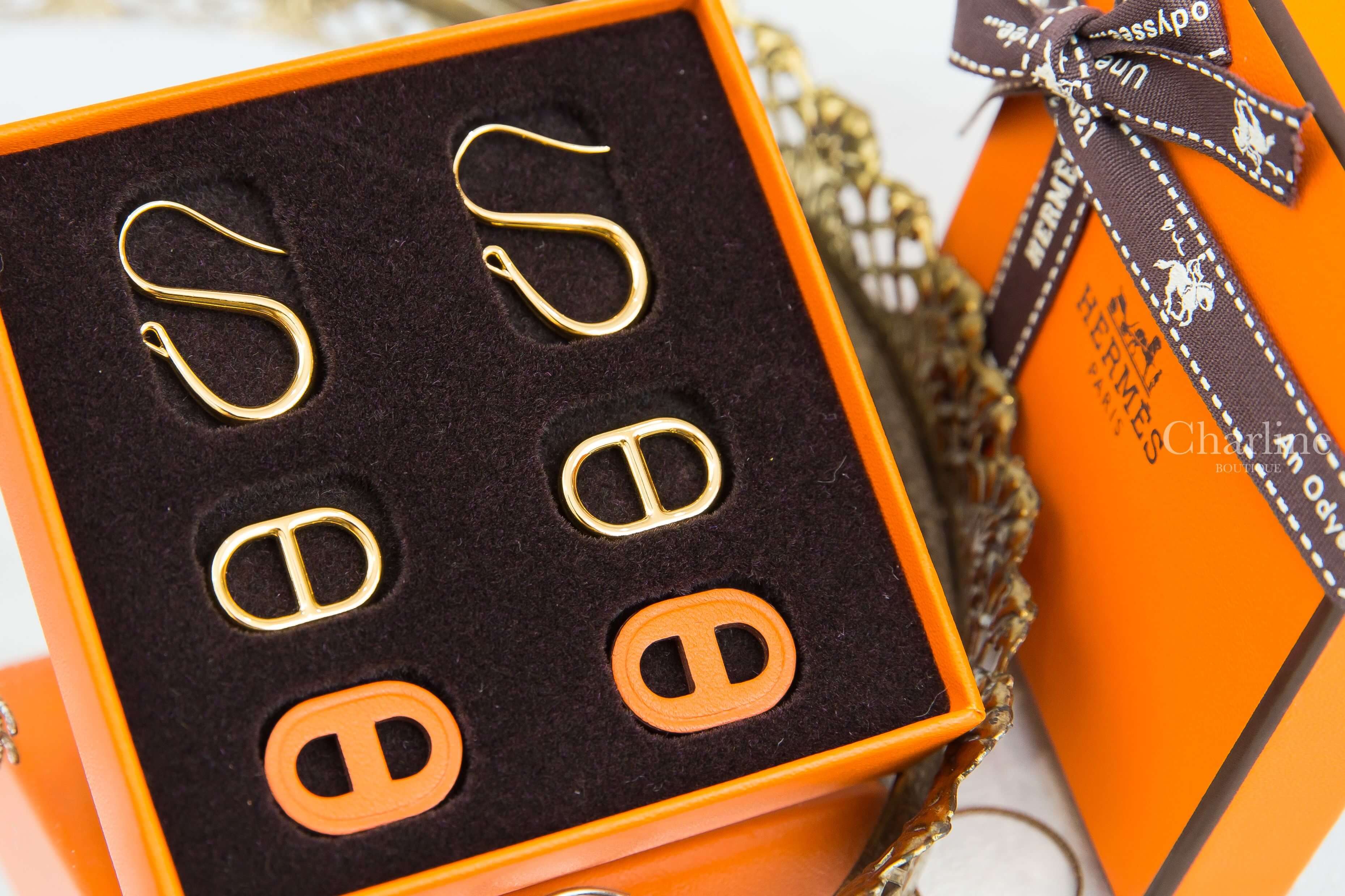 Hermès O'Maillon Earrings 橘色牛皮金飾θ三件組垂墜耳環-Charline Boutique 精品代購