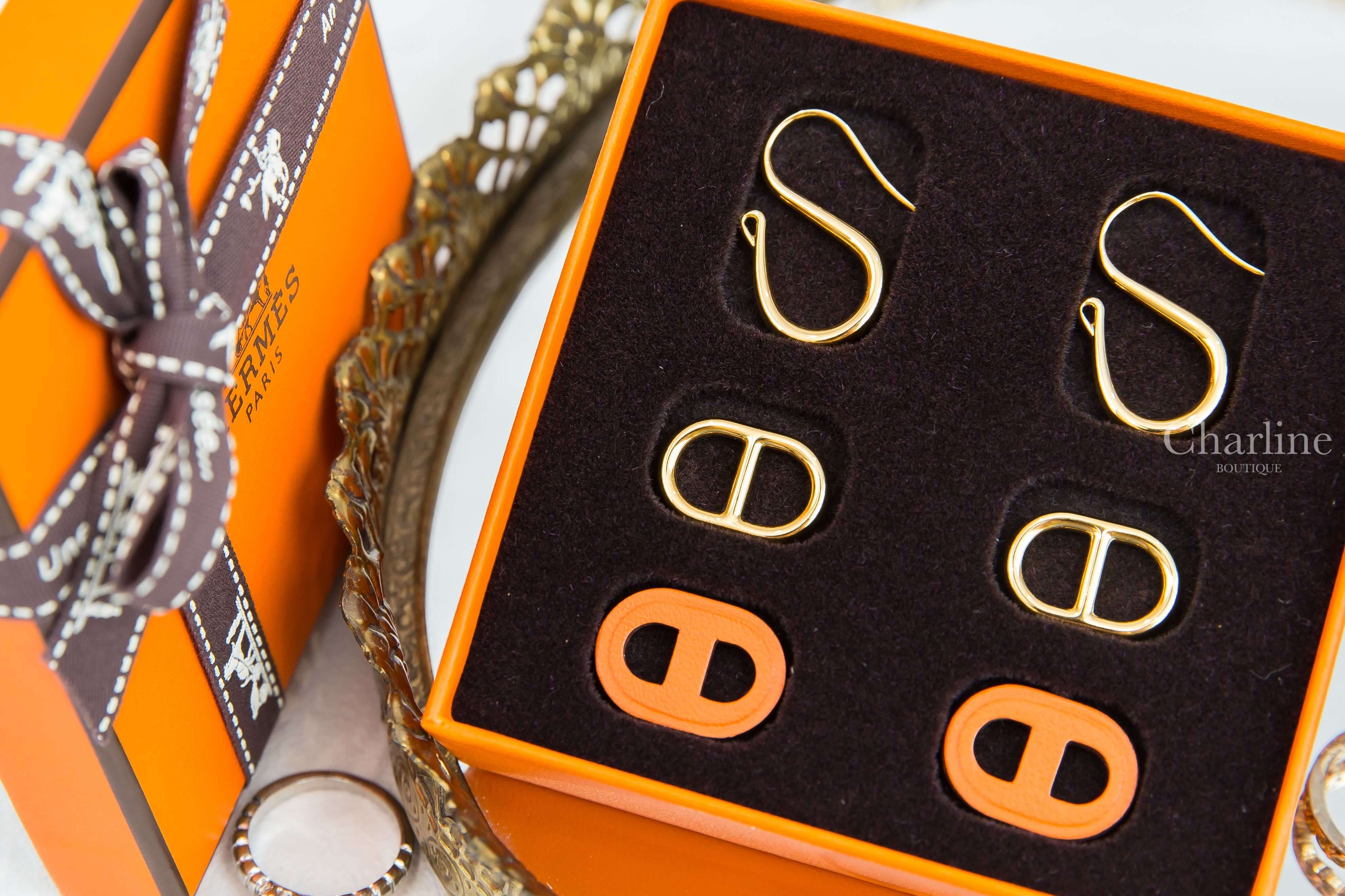 Hermès O'Maillon Earrings 橘色牛皮金飾θ三件組垂墜耳環-Charline Boutique 精品代購