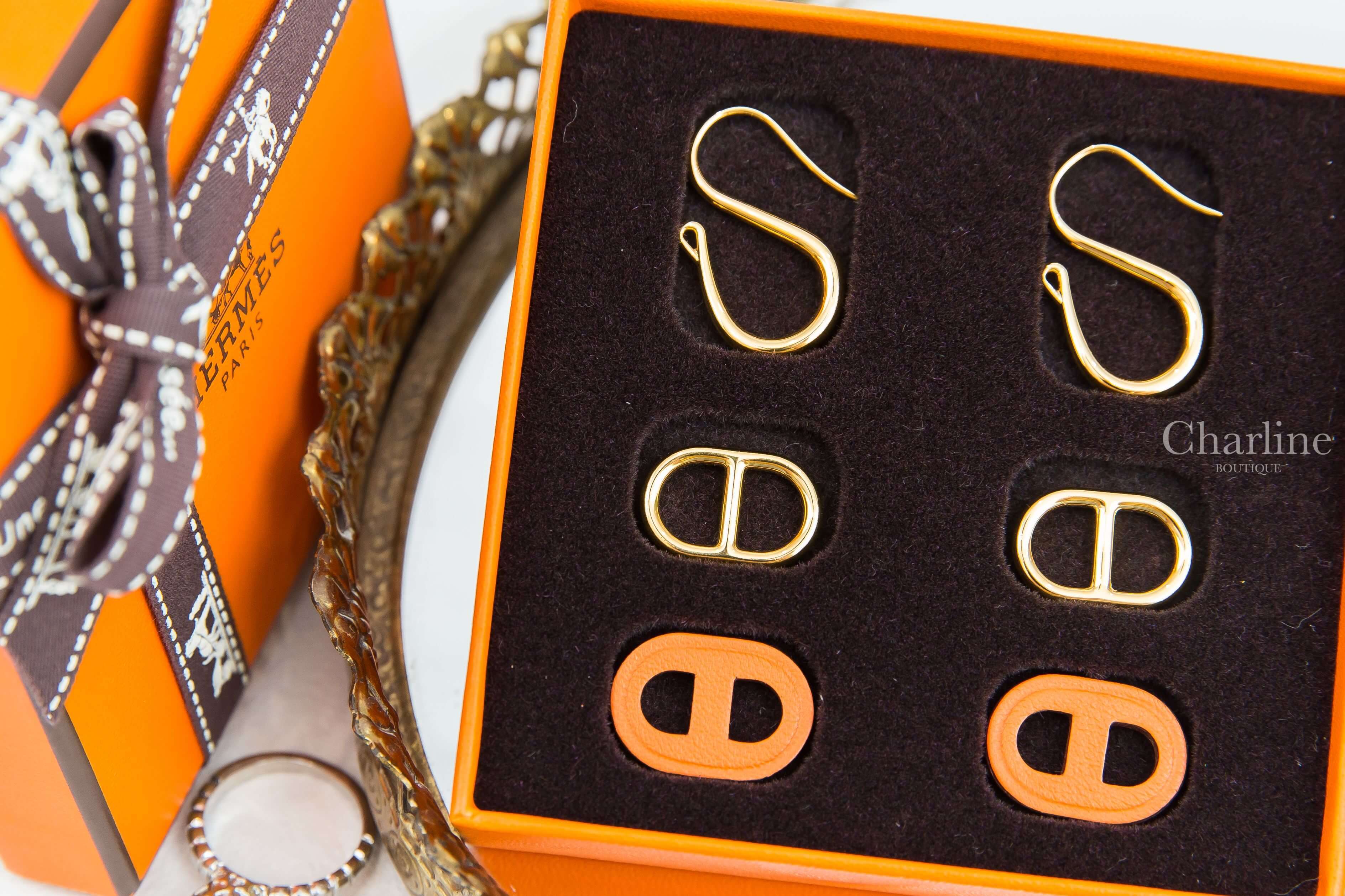 Hermès O'Maillon Earrings 橘色牛皮金飾θ三件組垂墜耳環-Charline Boutique 精品代購