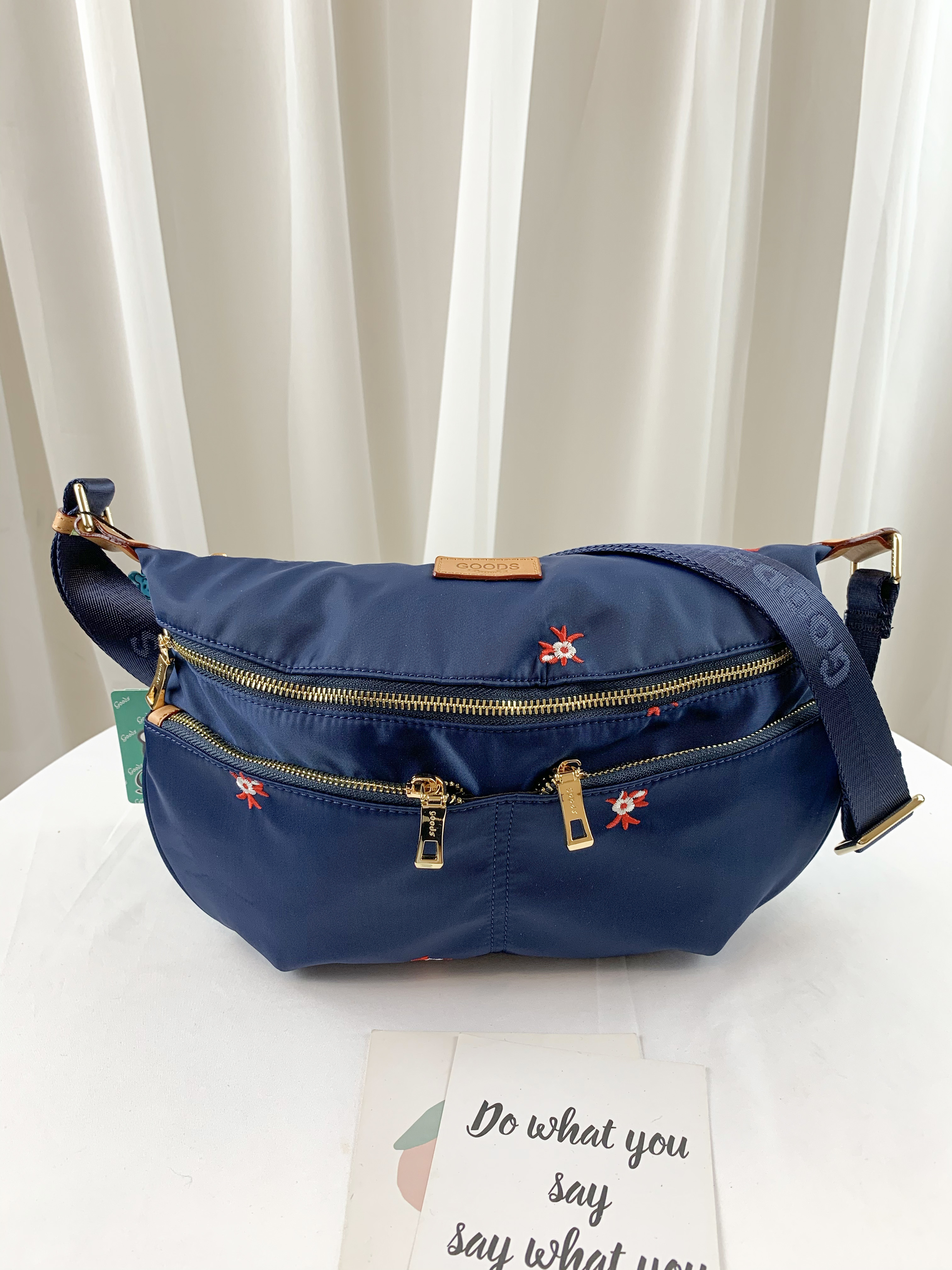 GOODS 復古繡花 寶藍尼龍防潑水腰包 / 斜背包   #6154