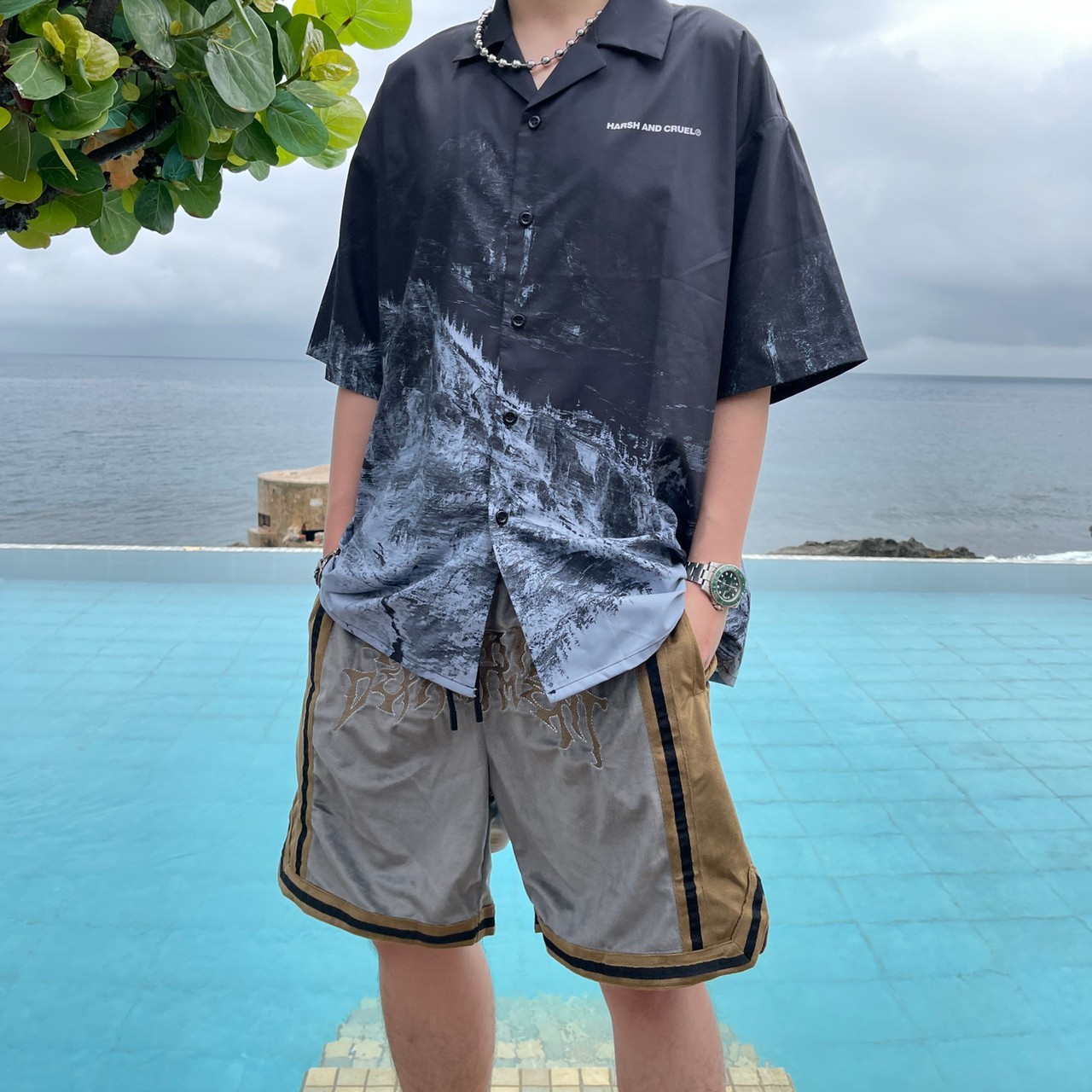 VIBE velvet embroidery stitching side slit shorts FOG style