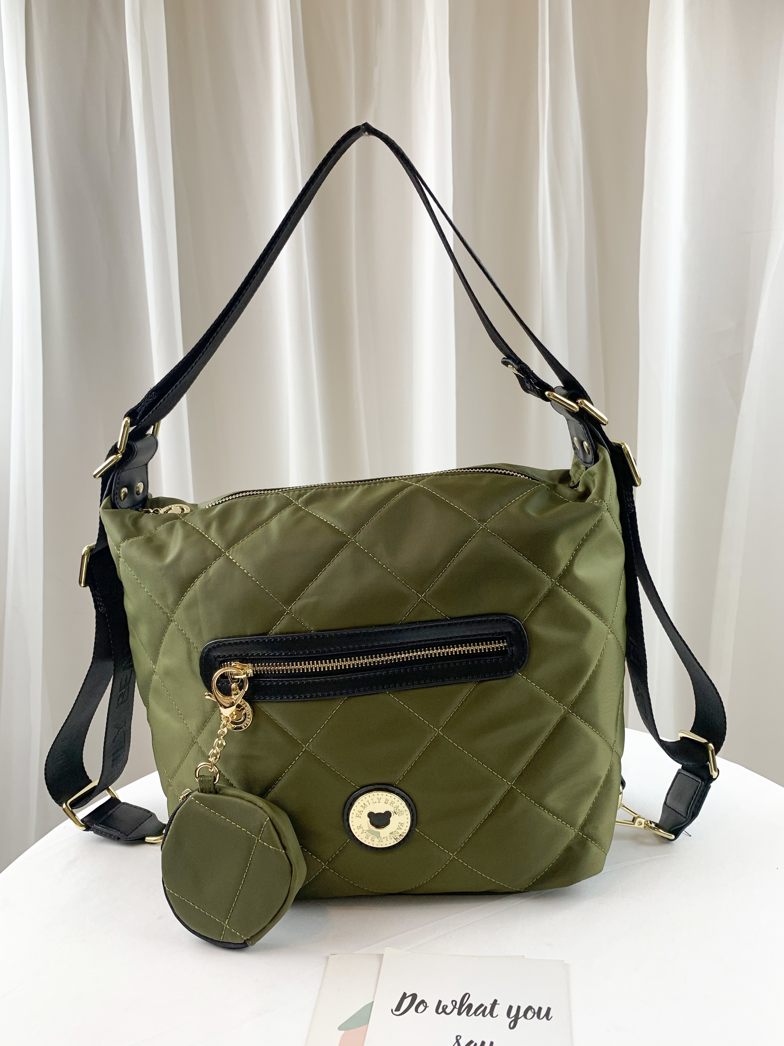 FamilyBear 抹茶綠 菱格紋兩用肩背包 / 後背包  附小零錢包 #2768