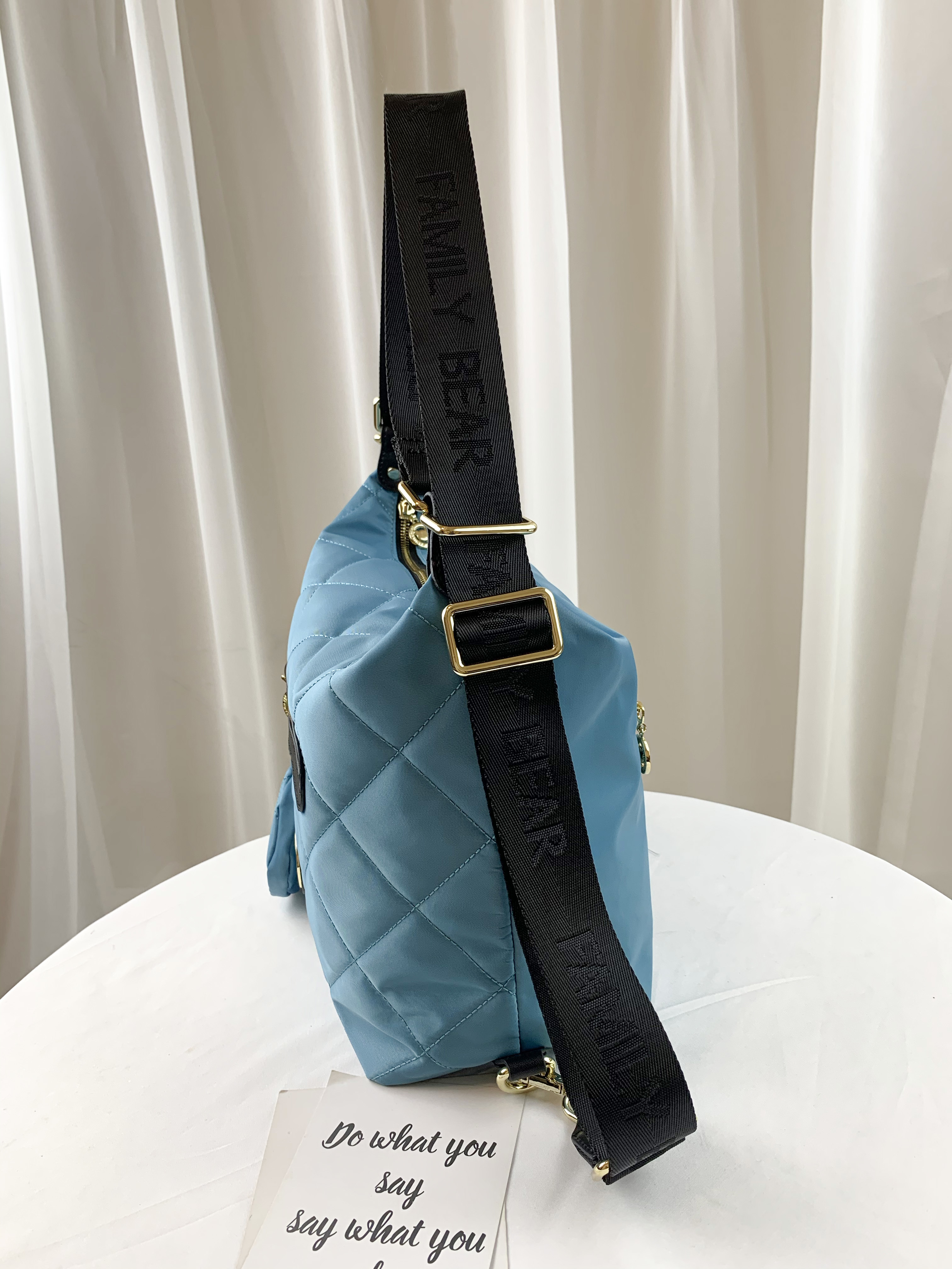 FamilyBear 湖水藍 菱格紋兩用肩背包 / 後背包  附小零錢包 #2768